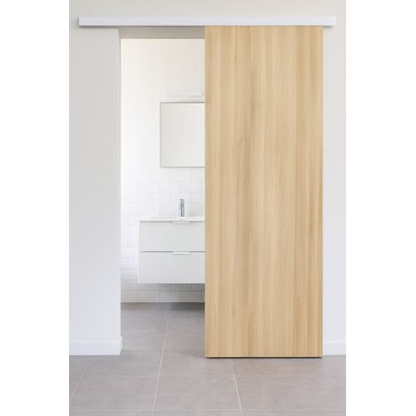Porte Coulissante Décor Chêne Naturel Honey Oak H204 X L93 Cm, Rail Alu Bandeau Blanc Gd Menuiseries