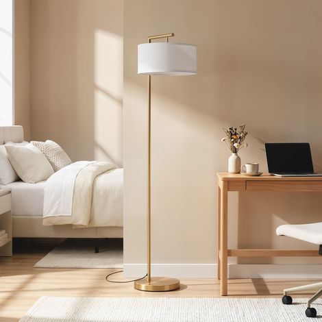 Lampadaire abat-jour lin base ronde stable salon bureau or et blanc (1/5)