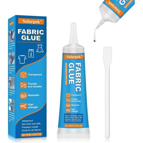 Colle Textile, 60 Ml Colle Tissu Extra Forte pour Tous Les Tissus, Coton, Flanelle, Denim, Polyester, Réparation de Poupées, Séchage en 24 Heures et Imperméable (1/5)