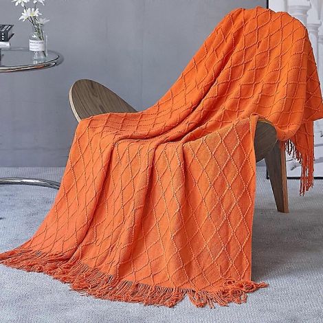 Couverture tricotée à franges, jeté de lit, carreaux unis, style nordique, chaude et élégante, jeté de canapé, couvre-lit décoratif 130 x 200 cm (orange) T- (1/5)