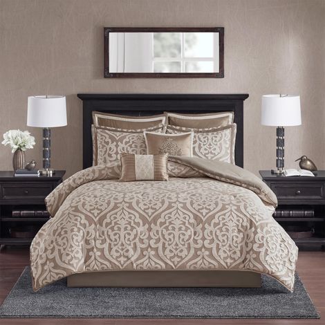 Parure de lit Alternative en Duvet Toutes Saisons, taies d'oreiller Assorties, Jupe de lit, oreillers décoratifs, Polyester, Couette Marron Clair, 8 pièces, Grand lit (1/5)