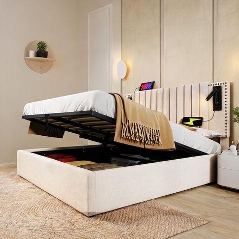 Cadre de lit beige en coton 203 x 147 x 106 cm (1/5)