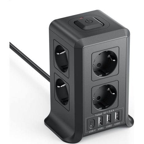 Multiprise avec interrupteur - 8 prises secteur et 4 ports USB - convient aux bureaux et aux salons - câble de 5 mètres, noir. (1/5)