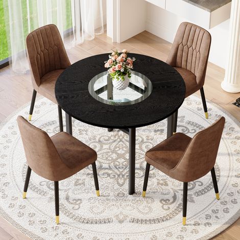 Set tavolo rotondo moderno 100 cm in MDF nero con 4 sedie marroni in tessuto (1/5)
