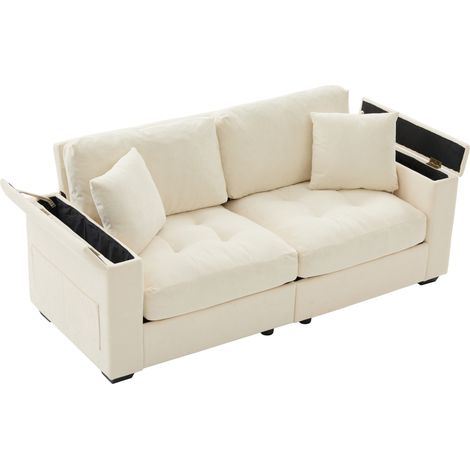 Canapé 2 places en tissu beige avec rangement dans les accoudoirs et poches latérales, 2 coussins, mousse haute densité et structure bois, idéal petit salon CHICFURN (1/5)