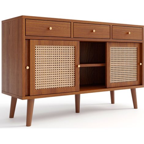 Buffet en MDF avec 3 tiroirs et 3 portes coulissantes, finition noyer, pieds en bois massif, poignées métal doré, 120x40x78 cm (1/5)