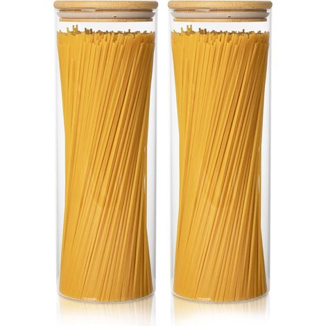 Bocal Hermétique avec Couvercle en Bambou- Lot de 2 Bocaux Conservation Alimentaire - Pot en Verre Borosilicaté pour Farine, Céréales, Spaghetti (1/5)