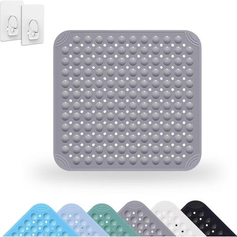 Tapis de douche carré - 48 x 48 cm - Lavable en machine - Antidérapant - Avec ventouses - En PVC avec trou de drainage - Pour douche, sauna ou baignoire - Gris (1/5)