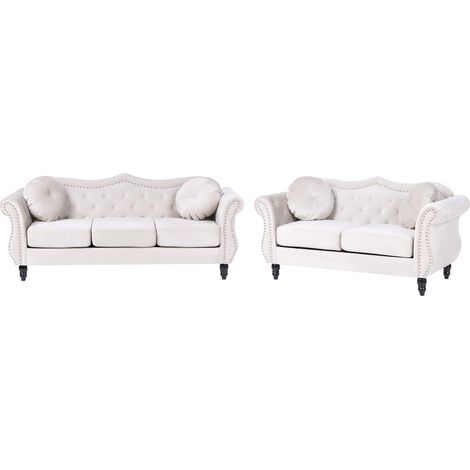 Conjunto de sala de estar en terciopelo beige 2 plazas 3 plazas apoyabrazos enrollados cojines estilo glam Skien