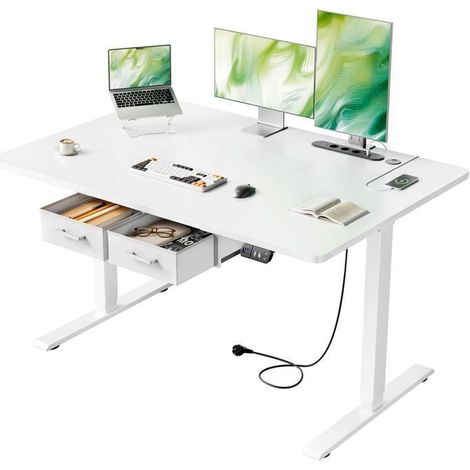 EcoFurnix Electric Standing and Sitting Desk, 140 x 80 cm, with Integrated Power Outlet, 2 Removable Drawers, USB-C Port, White