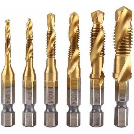 Lot de 6 tarauds filetés, foret taraud, filetage métrique M3 M10 avec revêtement en titane HSS et embouts de taraudage 1/4" queue hexagonale cannelée pour tarauder différents fils. (1/5)