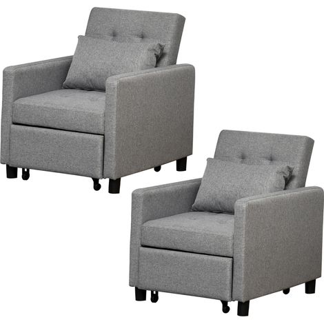 HOMCOM pack 2 sofás cama individual sillón cama con 4 ruedas respaldo reclinable almohada y asiento acolchado carga 100 kg 69x77x84 cm gris (1/5)