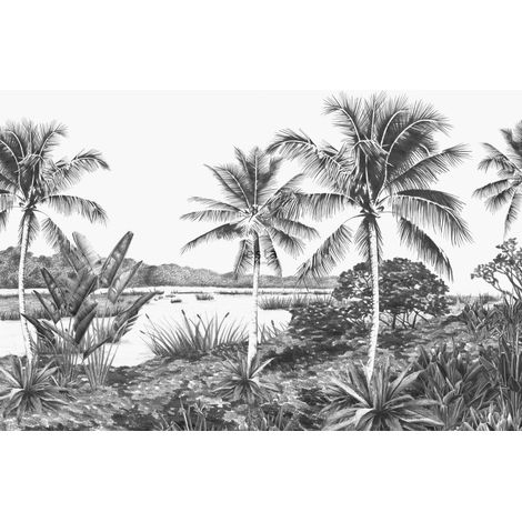 papier peint panoramique paysage tropical avec des palmiers noir et blanc  - ESTAhome (1/5)
