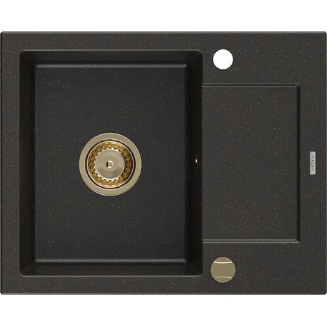 Mexen Enzo évier en granit à 1 cuve avec égouttoir 576 x 465 mm, Noir/Or métallique, siphon Or - 6506571005-75-G (1/5)