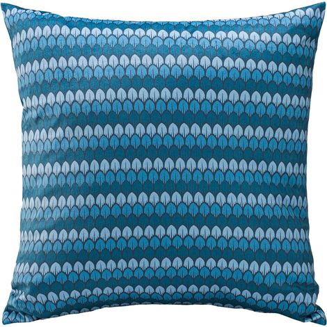 Funda de almohada decorativa de 43x43 cm, de tela de terciopelo con un estampado azul simétrico. (1/4)