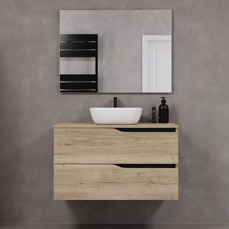 Meuble de salle de bain 90cm avec plateau et vasque à poser zeus - 2 tiroirs - madera miel (chêne clair) - LUNA (1/5)