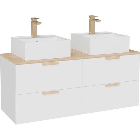 Mobile bagno sospeso con lavabo da appoggio quadrato e rubinetto Bianco L120 cm - AVORELI (1/5)