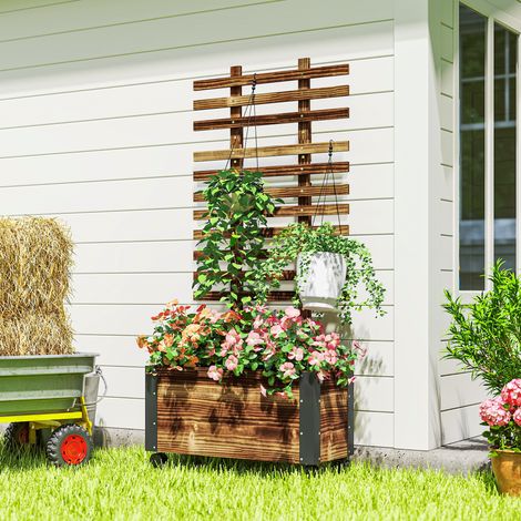 Outsunny Hochbeet mit Rankhilfe, 4 Rollen, behandeltes Massivholz, 65 cm x 31 cm x 147 cm, Schwarz + Braun