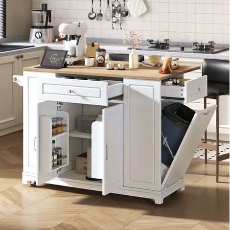 CHICFURN Isola cucina con ruote 131,8 x 40-70 x 93,3 cm bianco e naturale (1/5)