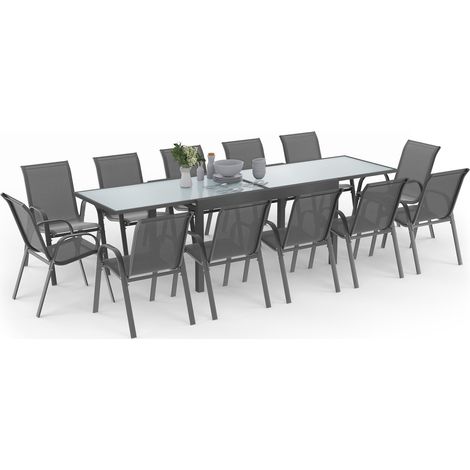 Idmarket – Ensemble table et chaises de jardin extensible 135-270 cm – 12 places – Structure en aluminium et verre trempé – Chaises empilables en textilène gris anthracite