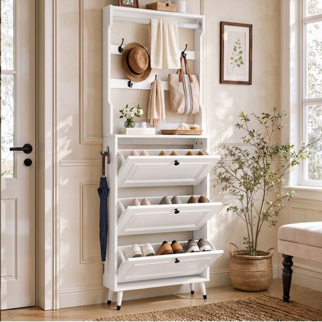 Vestiaire d'entrée avec penderie, 5 crochets, 3 abattants à chaussures, meuble gain de place MDF blanc (1/5)