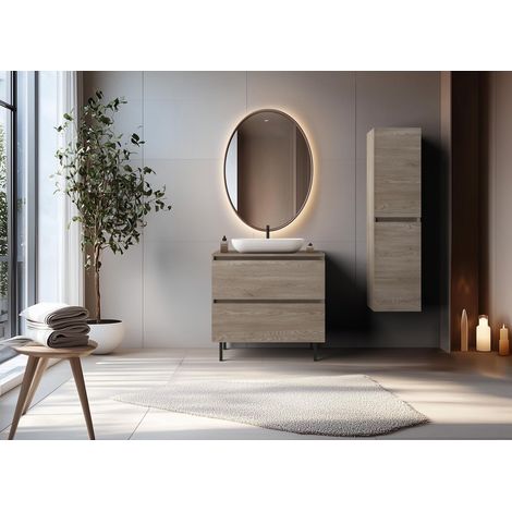 Mobile da bagno 80 cm con piano di lavoro superiore + piedini per mobili, Colore: Rovere Scuro, 80 x 46 x 80,7 cm (1/5)