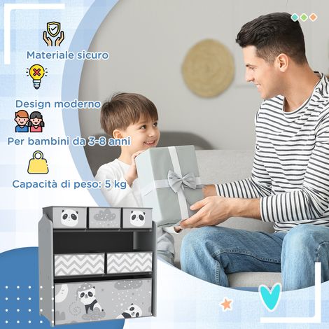 Étagère à jouets enfant avec 6 paniers en tissu lavables, grise, dimensions 63x30x66 cm, rangement pratique et amovible. (1/5)