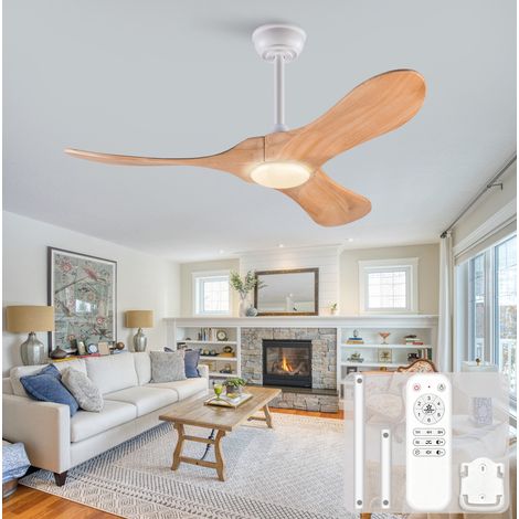 Ventilateur de plafond 107x107x30 cm en bois et métal blanc, 6 vitesses, pour chambre – MEUBLIV (1/5)