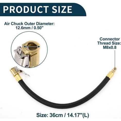 Pièce de pompe à pied Tuyau gonflage 0,305" x 32TPI Adaptateur Valve Pneu Noir 1 Ensemble 14,17" 12,6mm OD Indégonflable (1/5)
