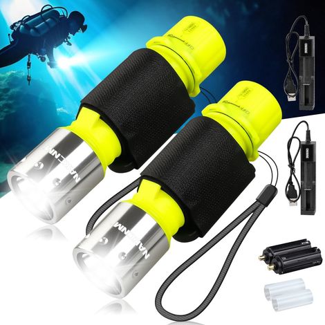 NAKCNM 2er-Pack Tauchertaschenlampe, Unterwasser-LED-Lampe, superhell, IPX8 wasserdicht, 3 Modi für Outdoor-Aktivitäten, mit wiederaufladbarem Akku und Ladegerät (1/5)