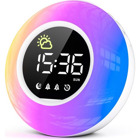 Réveil Enfant Lumineux avec Veilleuse LED RGB, Minuteur, Double Alarme, 12/24H, Luminosité et Son Réglables (Adaptateur Inclus) (1/5)