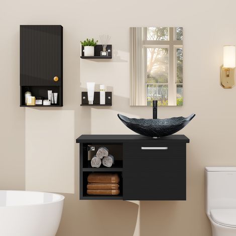 Puluomis Ensemble de meuble-lavabo, meuble mural - vasque, meuble mural à rayures noires, meuble-lavabo en bois noir - avec miroir, vasque -robinet, Bassin de gris argenté en forme feuille, ensemble d (1/5)