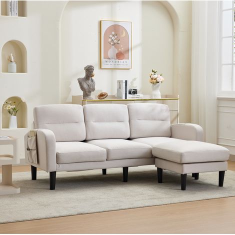 Sofá esquinero 3 plazas con chaise longue 204 x 136 x 80 cm, beige, bolsillos laterales DESVIAE (1/5)