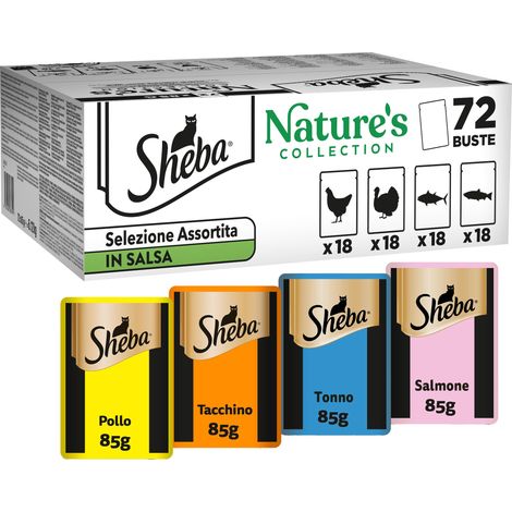 Sheba Nature’s Collection Selezione Assortita in Salsa, gusti Pollo, Tacchino, Tonno, Salmone, cibo umido completo per gatti adulti, 72 Bustine da 85g (1/5)