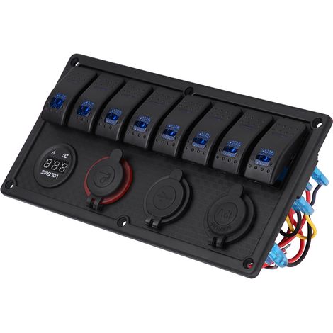 Tableau de Commande 8 Interrupteurs à Bascule LED 12V 24V avec Double USB Voltmètre et Allume-Cigare pour Voiture Bateau