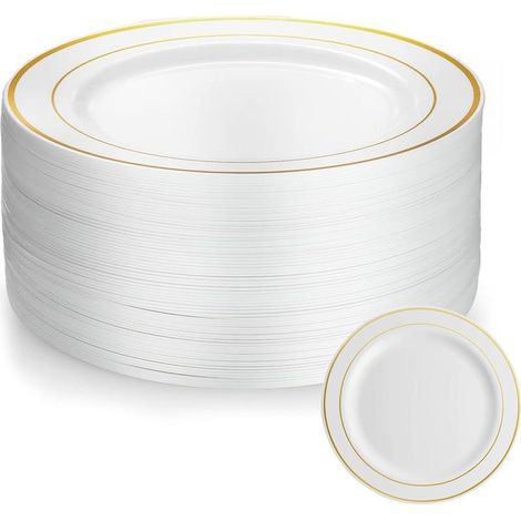 Apex – Lot de 50 assiettes en plastique réutilisables 20cm – Bordure dorée – Incassables et faciles à nettoyer – Pour mariages et événements