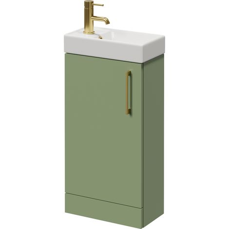 Napoli Cube Olive Green 400mm Single Door Vanity Unit with Align Basin - 400mm - Brushed Brass 160mm Handle