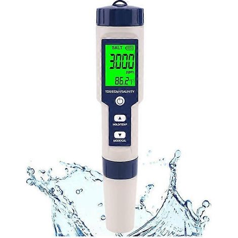 Testeur de sel pour piscine, salinomètre numérique, testeur de salinité 5 en 1 haute précision pour eau salée, kit de test étanche IP67 : (1/4)