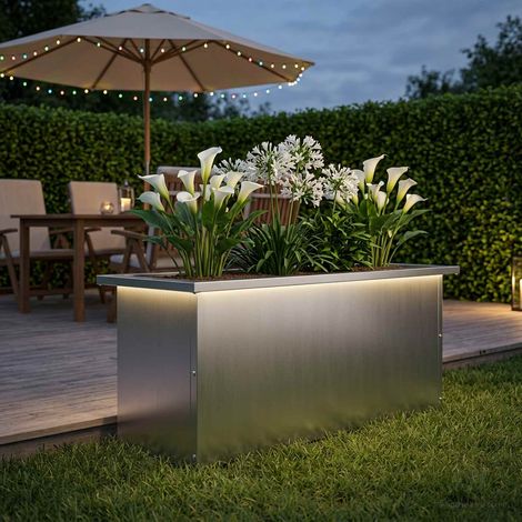 vidaXL Jardinera para jardín con luces LED Plateado 30 x 80 x 30 cm (1/5)