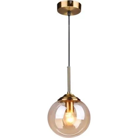 Lustre vintage en verre avec globe, douille en laiton, lumière chaude E27, convient pour la salle à manger et la chambre (une seule ampoule, ambre)