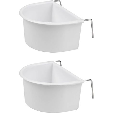 Comedero de plástico para pájaros en forma de D (2 unidades) con gancho, accesorio para jaula de pájaros pequeños, loros, cacatúas y periquitos (blanco)