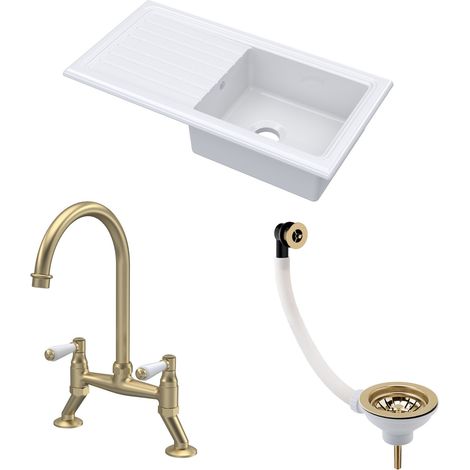 Fireclay Kitchen Bundle - 1 Bowl Sink & Drainer with Waste & Bridge Lever Tap, 1010mm - Brushed Brass (1/5)