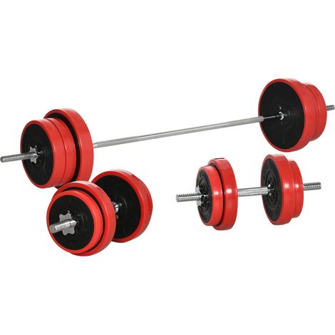 Set Bilanciere e Dischi 65 kg Totali in Metallo e Sabbia di Ferro e Gomma Rosso (1/5)