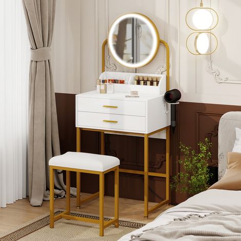 Dressing Table with LED Lights, Vanity Table with Adjustable Brightness Mirror, Makeup Desk with 2 Large Drawers and Hair Dryer Rack, Cushioned Stool, Modern Bedroom Dresser (Gold Frame, Comapact Size (1/5)