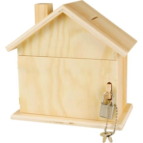 Hucha de madera con forma de casa y candado 15 x 8