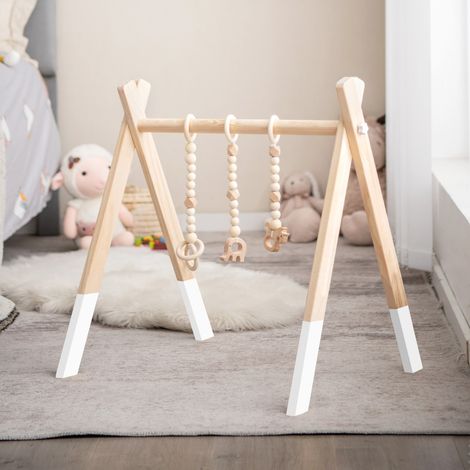 Portique d'Eveil en Bois pour Bébé Plus 3 Mois avec 3pcs Pendentifs sans BPA Forme Triangulaire 59x45x60CM Blanc (1/2)
