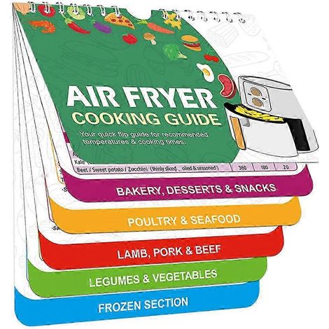 Livre de recettes pour friteuse à air chaud : aide-mémoire magnétique, guide pratique, accessoires pour four, tableau des températures et temps de cuisson.
