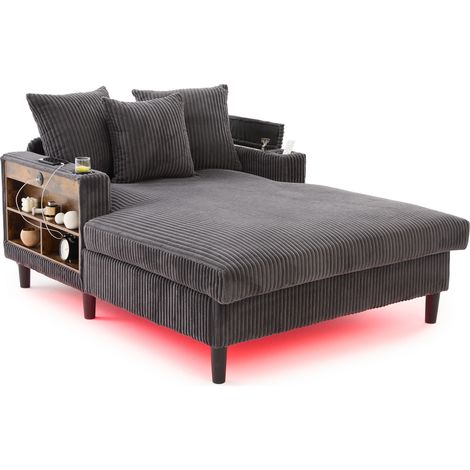CAIziCanapé lounge multifonctionnel en velours côtelé avec chaise longue, grande surface de couchage, porte-gobelets des deux côtés, éclairage LED, poche latérale, rangement, port de charge USB, pieds