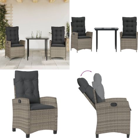 3-tlg. Garten-Essgruppe mit Kissen Grau Poly Rattan - Gartenstuhl - Gartentisch (1/5)