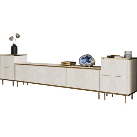 Mobile Porta tv Cortin, 2 Ripiani, Apertura a Ribalta, 5 Ante, 180x35x45h cm Beige Marmo